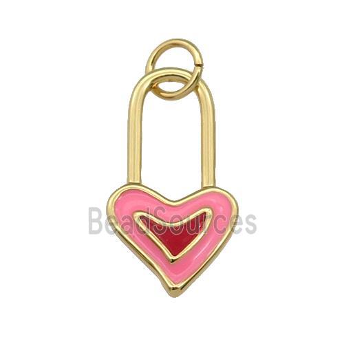 copper Heart Lock pendant with pink enamel, gold plated