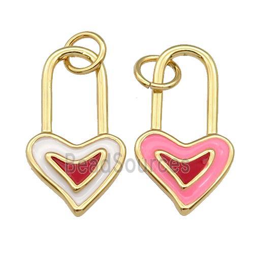 copper Heart Lock pendant with enamel, gold plated, mixed