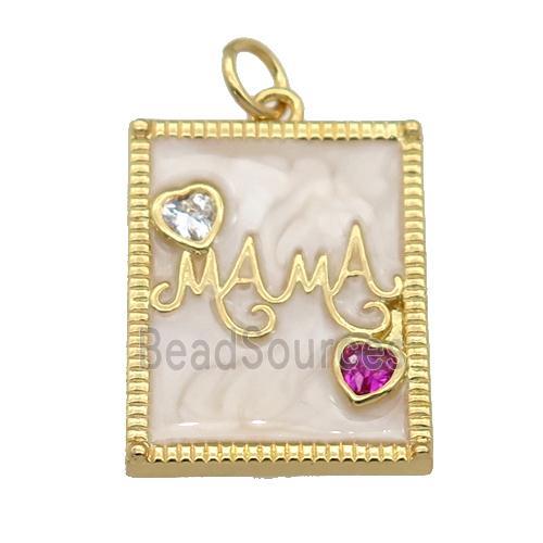 copper Rectangle pendant paved zircon with white enamel, MAMA, gold plated