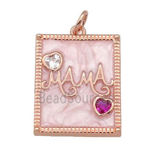 copper Rectangle pendant paved zircon with white enamel, MAMA, rose gold