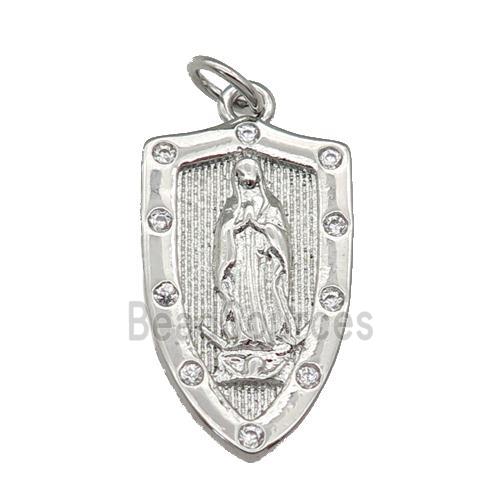 copper Virgin Mary Shield pendant paved zircon, religious, platinum plated