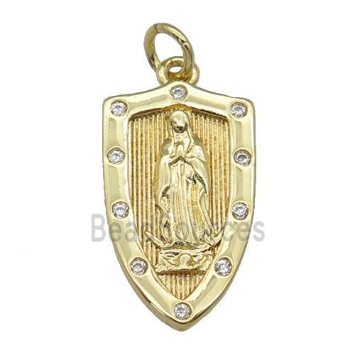 copper Virgin Mary Shield pendant paved zircon, religious, gold plated