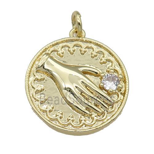 copper coin pendant paved zircon, hand, gold plated