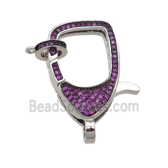 copper Lobster Clasp paved hotpink zircon, platinum plated