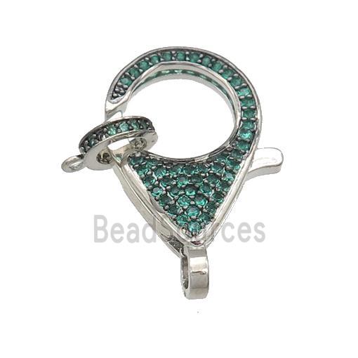 copper Lobster Clasp paved green zircon, platinum plated