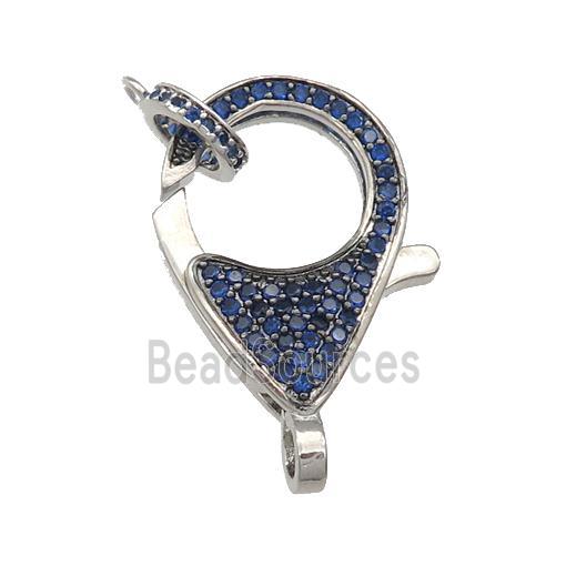 copper Lobster Clasp paved blue zircon, platinum plated