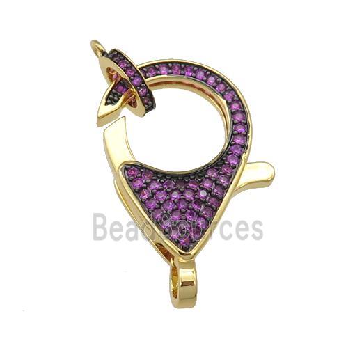 copper Lobster Clasp paved hotpink zircon, gold plated