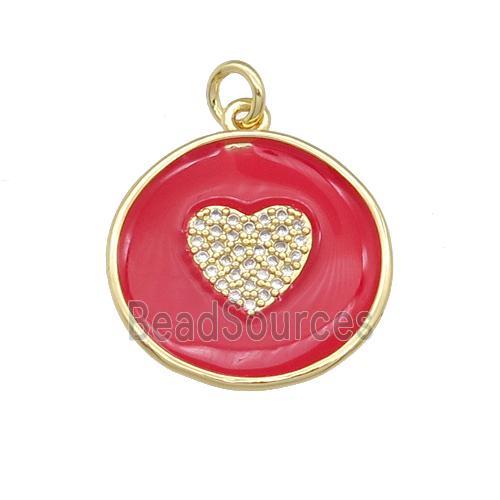 copper coin Heart pendant paved zircon with red enamel, gold plated