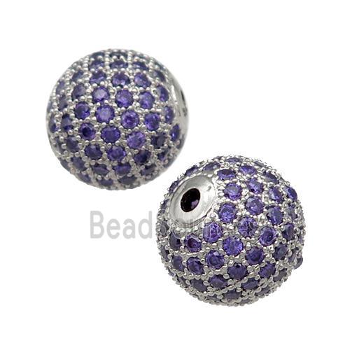 round copper Beads pave purple zircon, platinum plated