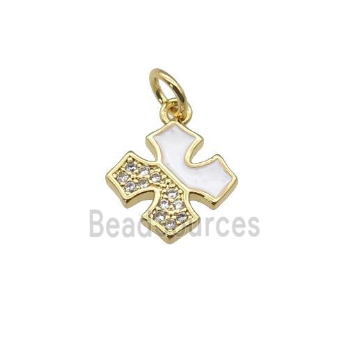 copper cross pendant paved zircon with white enamel, gold plated