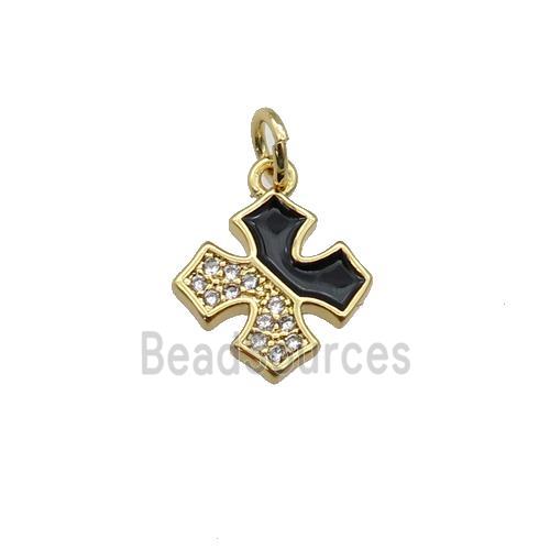 copper cross pendant paved zircon with black enamel, gold plated