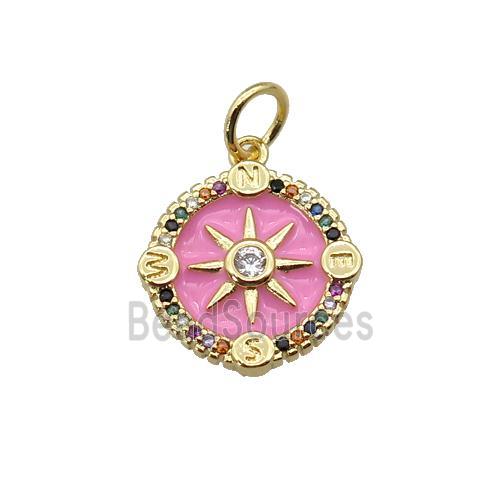 copper Compass pendant paved zircon with pink enamel, gold plated