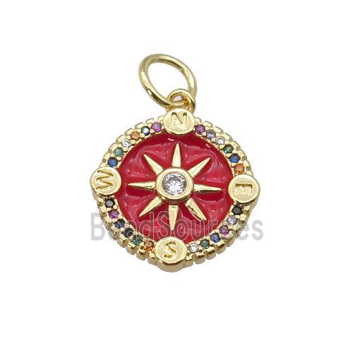 copper Compass pendant paved zircon with red enamel, gold plated