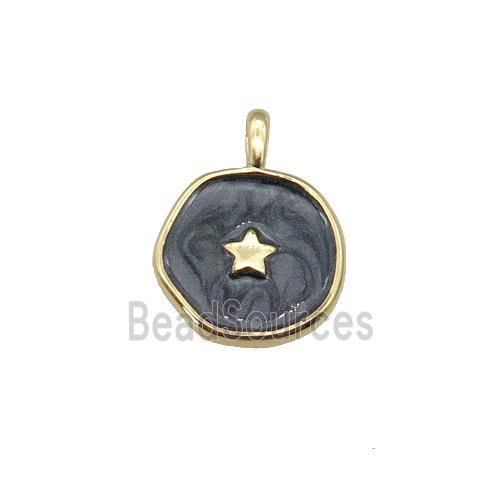 copper coin pendant with black enamel, star, gold plated