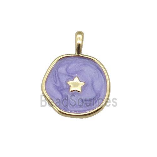 copper coin pendant with lavender enamel, star, gold plated