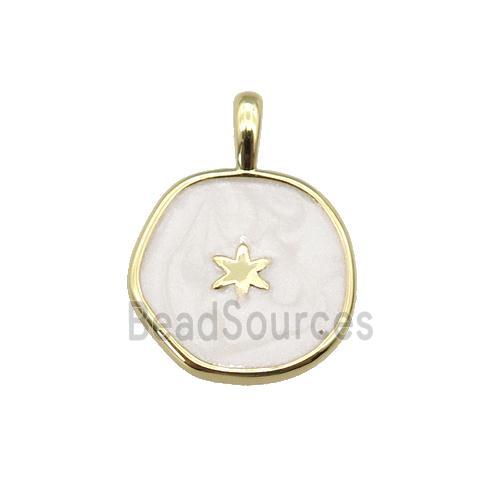 copper coin pendant with white enamel, star, gold plated