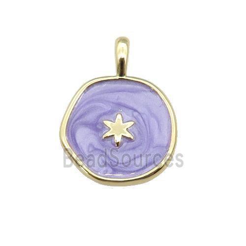 copper coin pendant with lavender enamel, star, gold plated