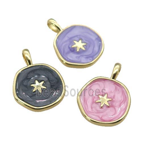 copper circle coin pendant with enamel, star, gold plated, mixed