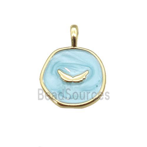 copper coin pendant with teal enamel, wing, gold plated