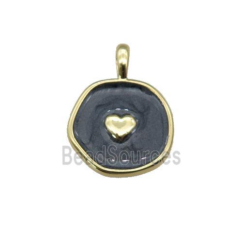 copper coin pendant with black enamel, heart, gold plated