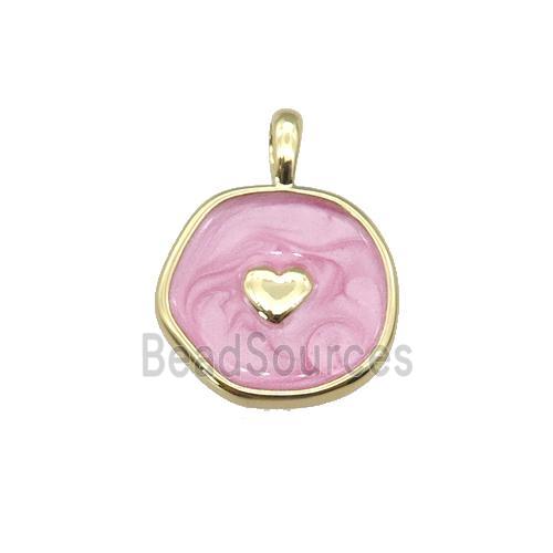 copper coin pendant with pink enamel, heart, gold plated