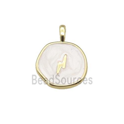 copper coin pendant with white enamel, lightning, gold plated