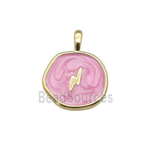 copper coin pendant with pink enamel, lightning, gold plated