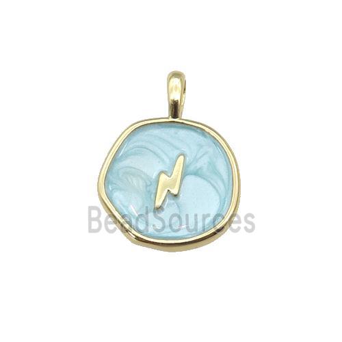 copper coin pendant with teal enamel, lightning, gold plated