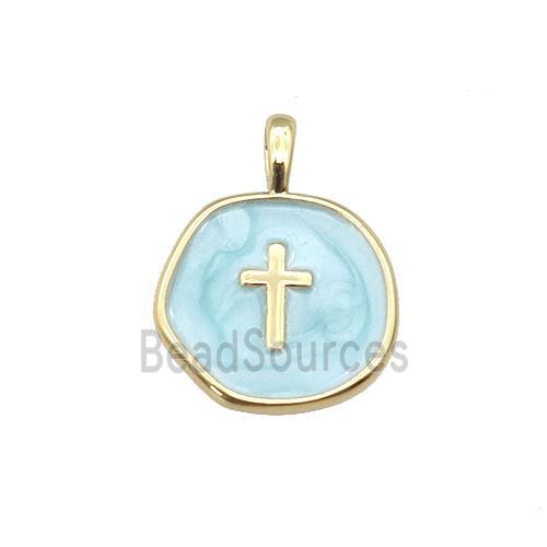 copper coin pendant with teal enamel, cross, gold plated