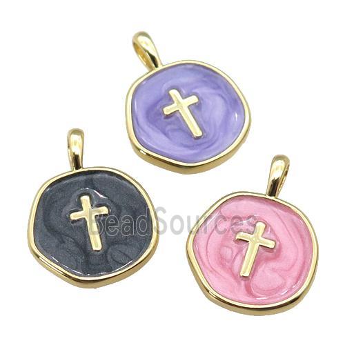 copper coin pendant with enamel, cross, gold plated, mixed