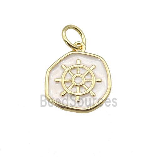 copper coin pendant with white enamel, ships wheel, gold plated