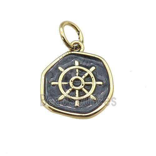 copper coin pendant with black enamel, ships wheel, gold plated