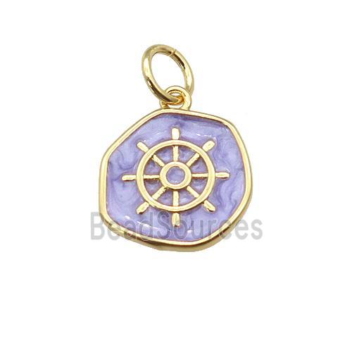 copper coin pendant with lavender enamel, ships wheel, gold plated