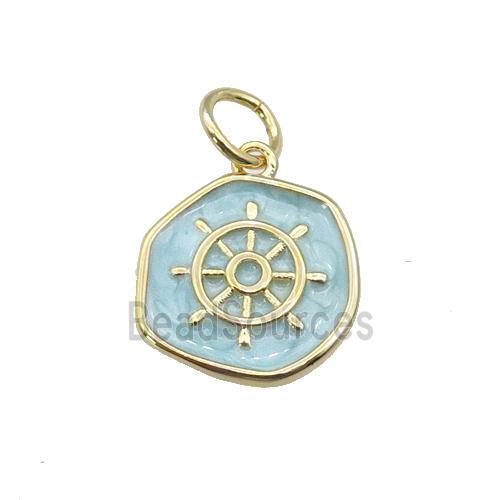 copper coin pendant with teal enamel, ships wheel, gold plated