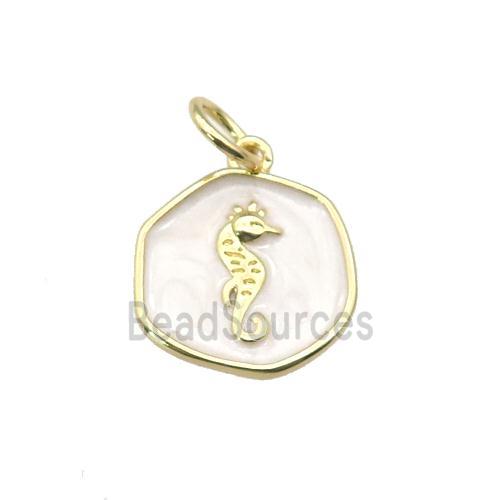 copper coin pendant with white enamel, seahorse, gold plated