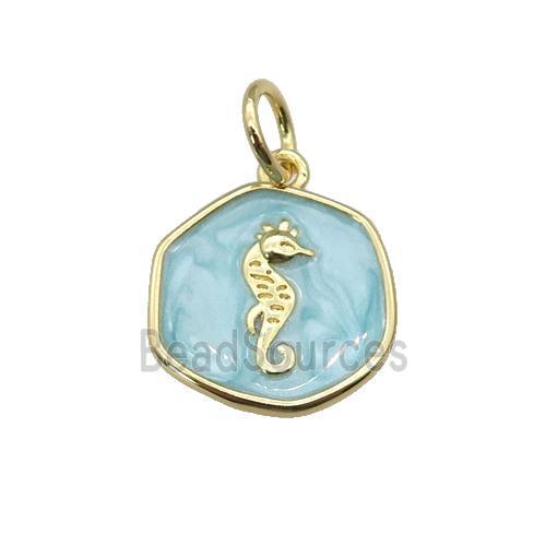 copper coin pendant with teal enamel, seahorse, gold plated