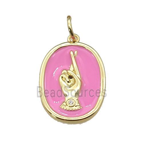 copper oval pendant with pink enamel, hand, gold plated