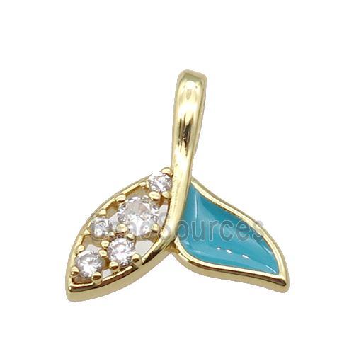 copper Shark-tail pendant paved zircon with teal enamel, gold plated