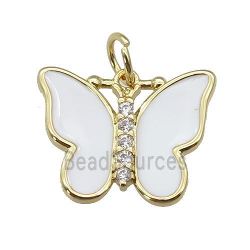 copper Butterfly pendant paved zircon with white enamel, gold plated