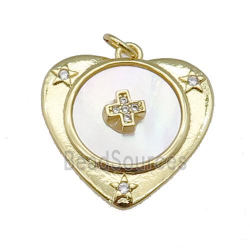 copper Heart pendant paved zircon, cross shell, gold plated