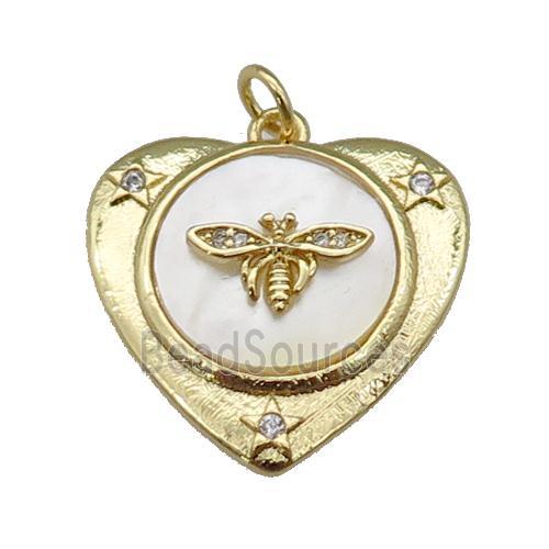 copper Heart pendant paved zircon, bee shell, gold plated