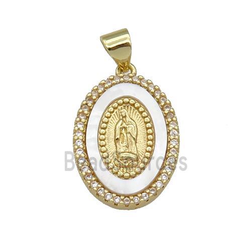 copper Virgin Mary pendant paved zircon, shell, gold plated