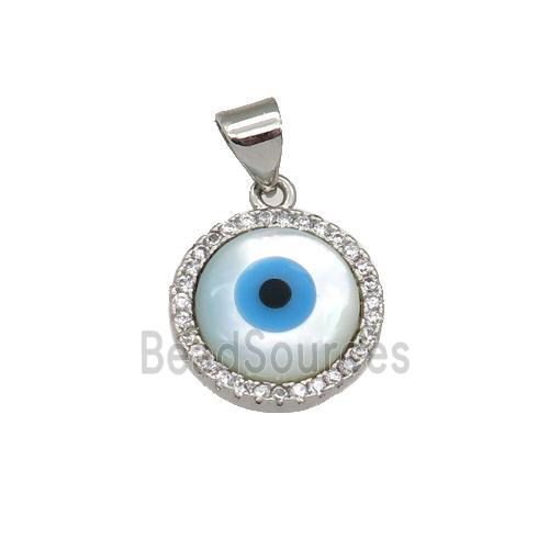 copper circle pendant paved zircon with Pearlized Shell Evil Eye, platinum plated