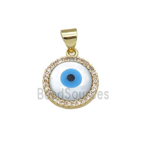 copper circle pendant paved zircon with Pearlized Shell Evil Eye, gold plated