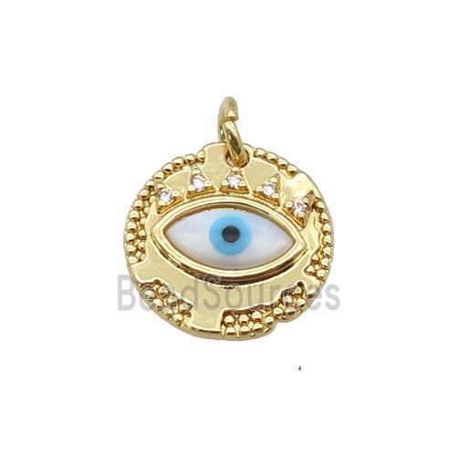 copper circle pendant paved zircon with Pearlized Shell Evil Eye, gold plated