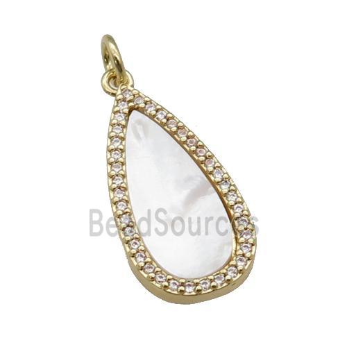 copper teardrop pendant paved zircon, shell, gold plated