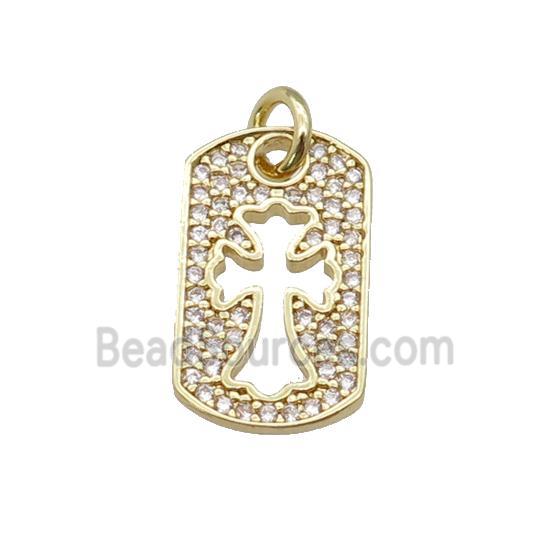 copper rectangle cross pendant paved zircon, gold plated