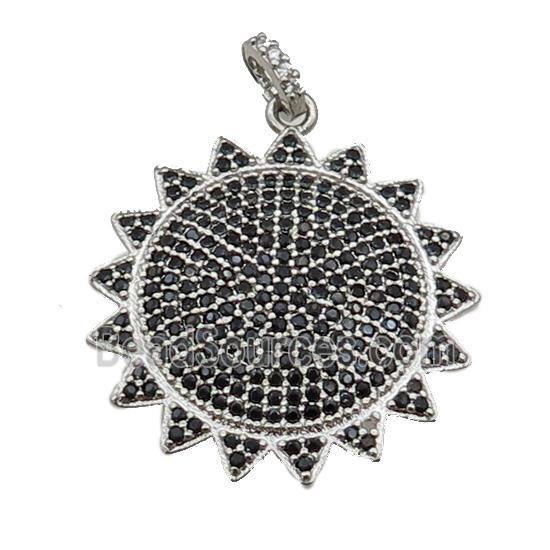 copper Sunflower pendant paved black zircon, platinum plated