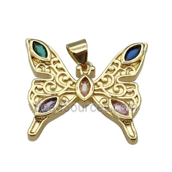 copper Butterfly pendant paved zircon, gold plated