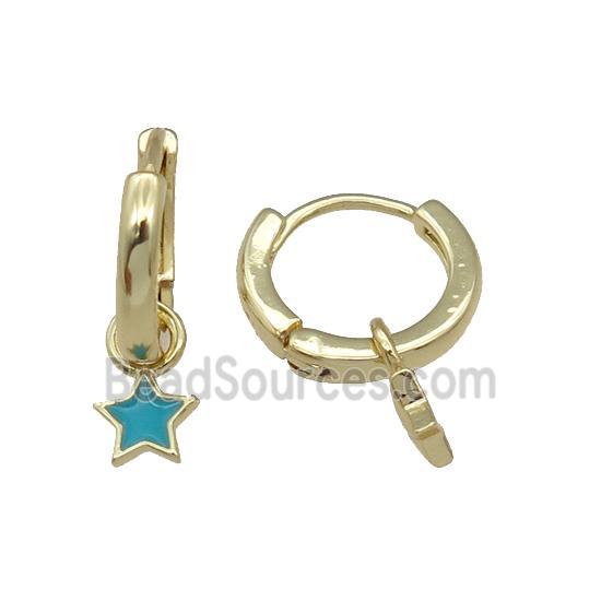 copper Hoop Earring with teal enamel star, gold plated